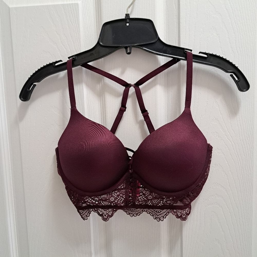 La Senza Burgundy Lace Bra Plunge Women's Size 34C Intimates Convertible